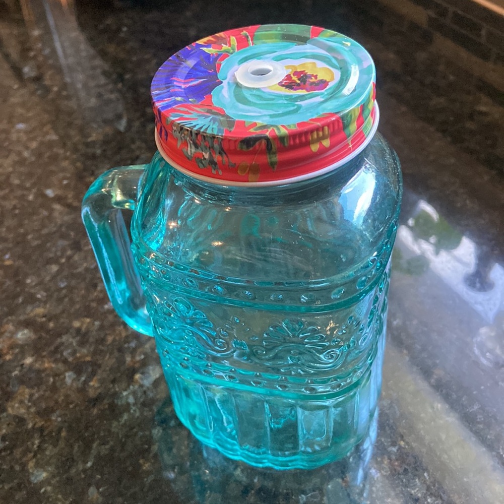The Pioneer Woman Teal Glass Mason-Style Drinking Jar with Handle & lid